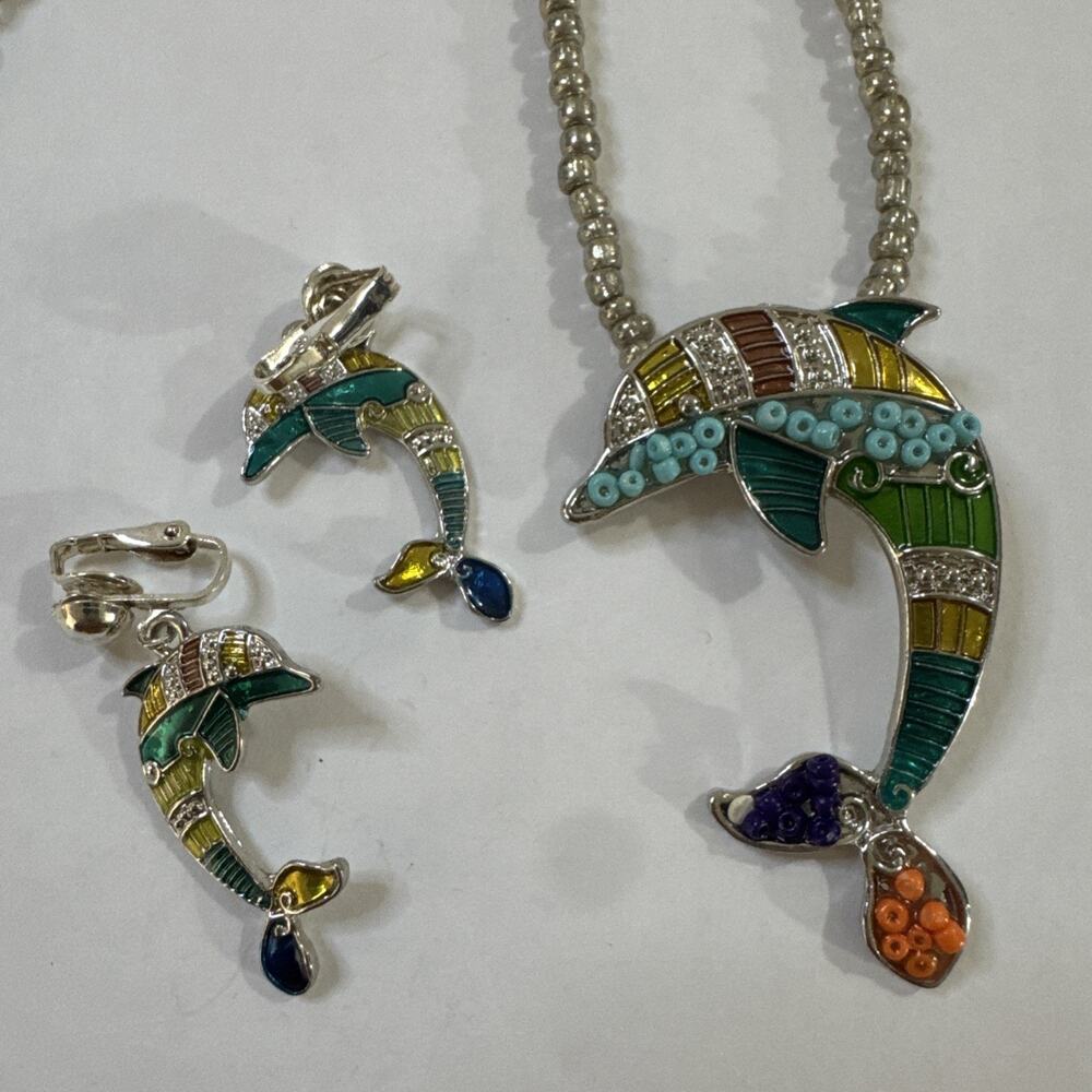 Vintage Dolphin Enamel Beaded Pendant Necklace Clip On Earrings Fashion Set Blue